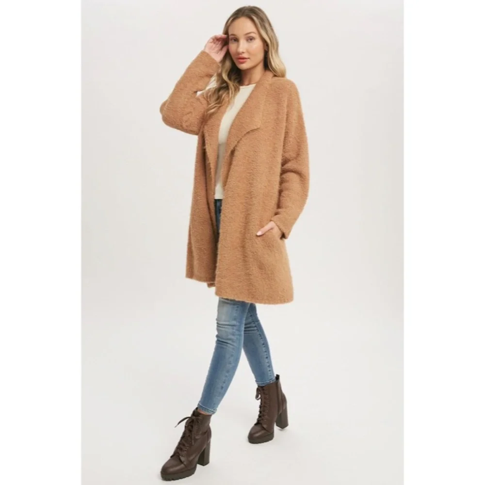 SOLD OUT Camel Soft Fuzzy Drape Front Dolman Oversized Knit Cardigan Sweater - Picture 6 of 8